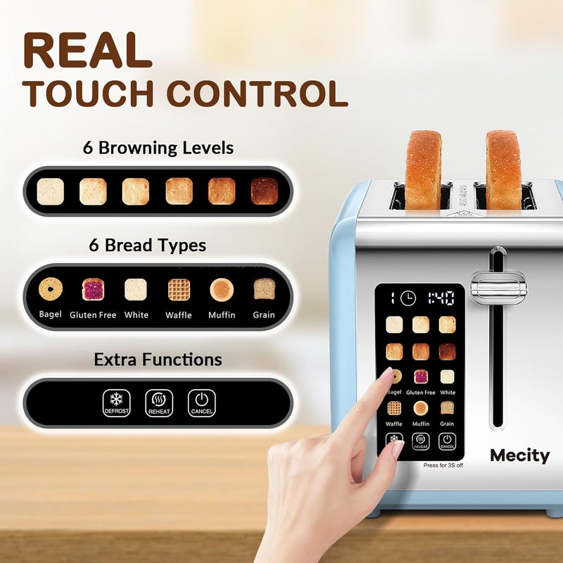 Mecity 2 Slice Touch Screen Toaster, 1.5" Wide Slot, Stainless Steel Smart Toaster for Bagels, Muffins, Waffles, Gluten-Free Breads, Defrost, Reheat, Timer, 120V 825W, Ice Blue - Image 2